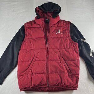 NIKE Air Jordan Boys' XL 13-15 Yrs "2 Fer" Puffer Vest Hoodie Combo Jacket Red